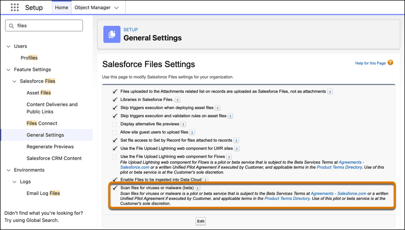 Salesforce screenshot: Real-time malware protection for Salesforce files (beta)