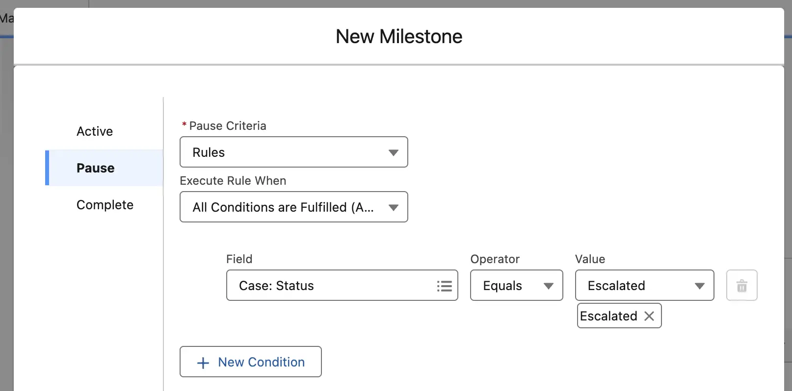 Salesforce screenshot: Smarter Service Cloud with rule-based milestone pauses