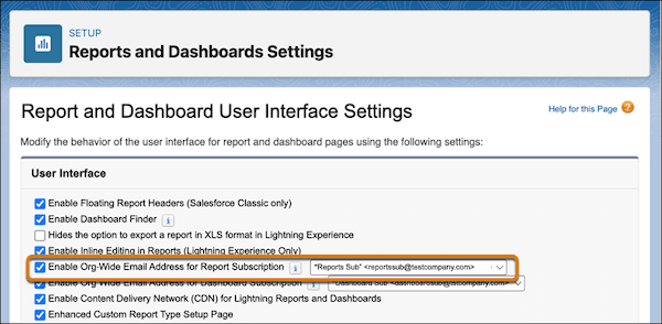 Salesforce screenshot: One org-wide address for report and dashboard notifications