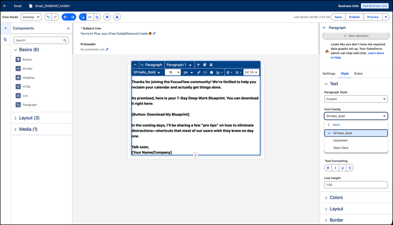Salesforce screenshot: Marketing Cloud Next email builder upgrades