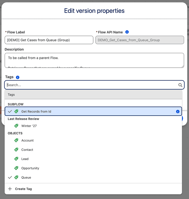Salesforce screenshot: Flow Tags, for a tidier flow list