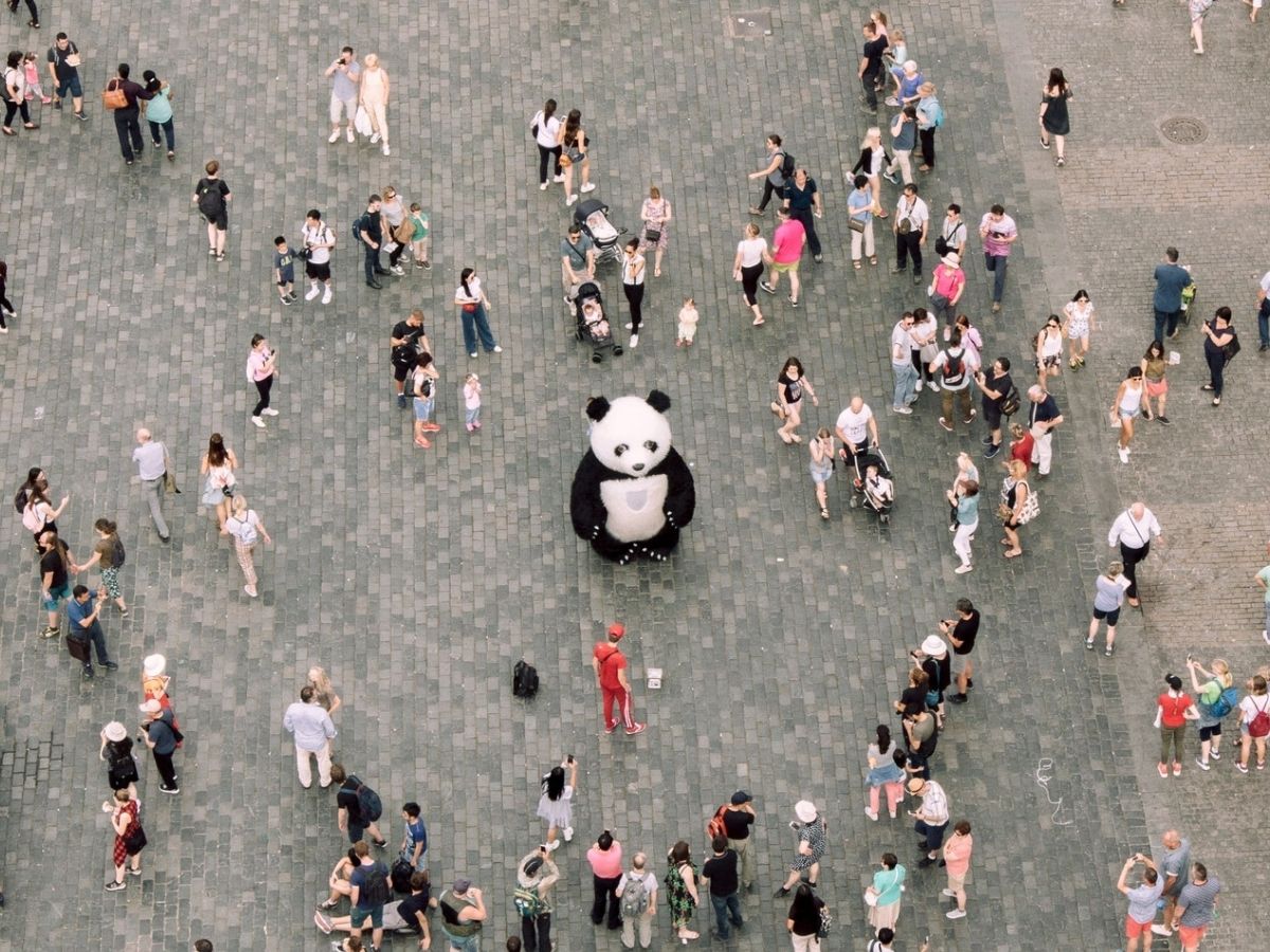 People congregating in a town square